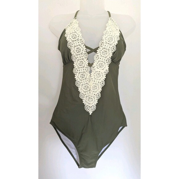 Womens Cupshe Vintage Green Babydoll Boho Lace Plunge One Piece Swimsuit SZ M - Picture 1 of 13